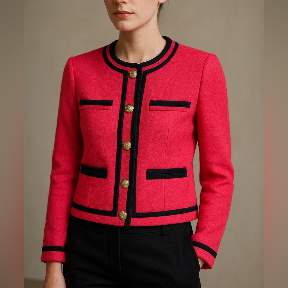 J.Crew Wool Lady Jacket in Bright Berry with Navy Trim